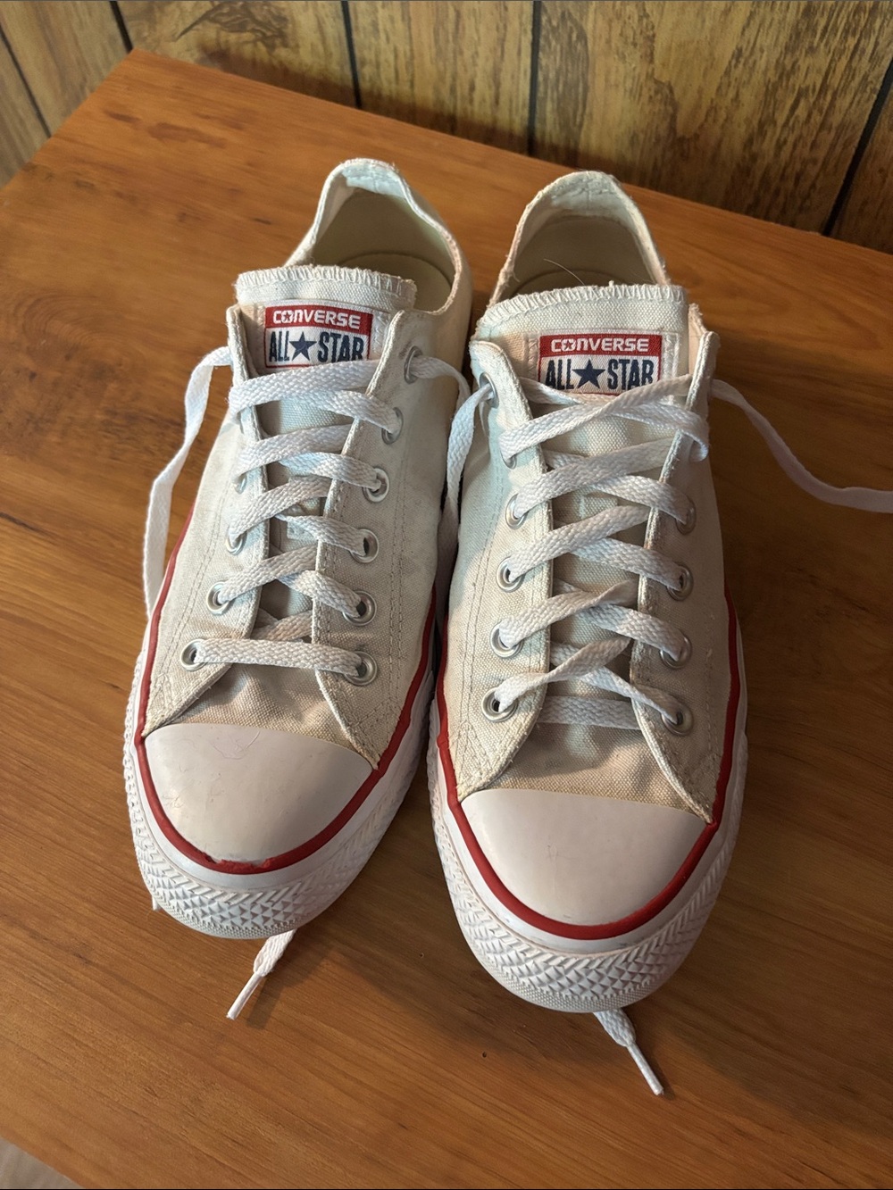 Converse White Canvas Low Top Sneakers with Red Accent, Men’s 8, Women’s 10
